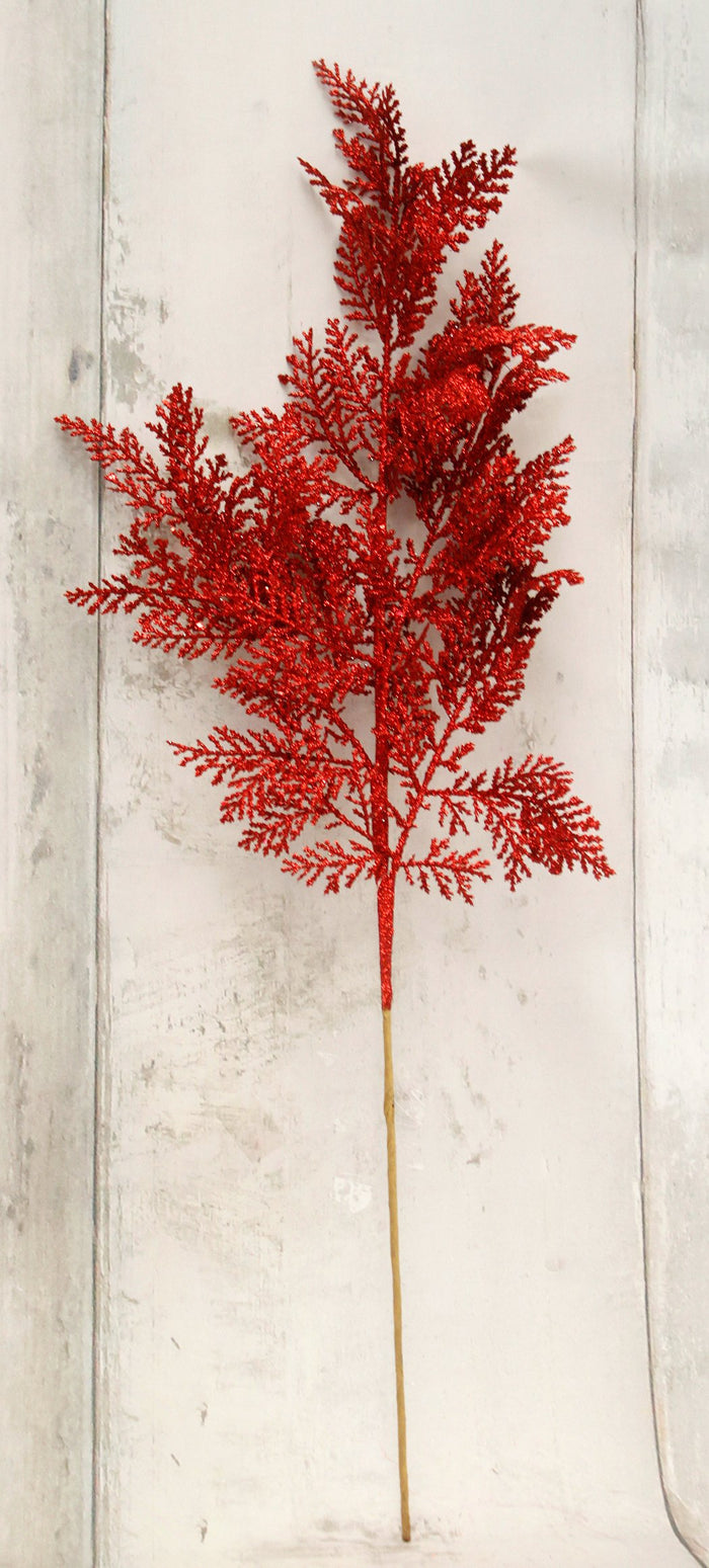 27" Red Glitter Leather Leaf Fern Floral Spray