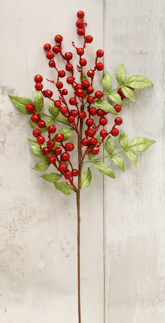 27" Glittered Red Berries & Lime Green Leaves Floral Spray