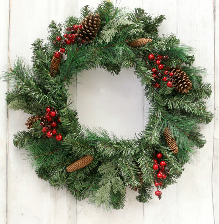 30" Berry & Pine Cone Evergreen Wreath