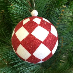 Red & White Glitter Harlequin Ball Christmas Ornament-Christmas Ornaments-Ellis Home & Garden
