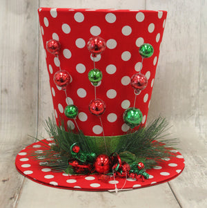 Red & White Polka Dot Top Hat Tree Topper-Christmas Decor-Ellis Home & Garden