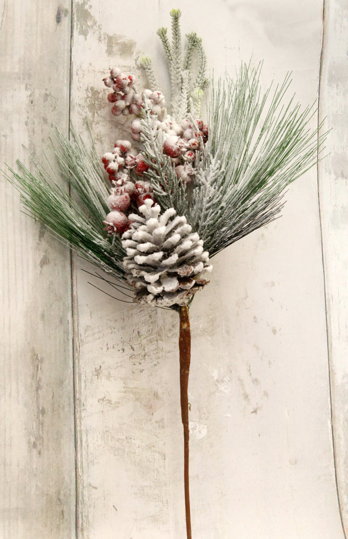 18" Frosted Pinecone & Berry Spray