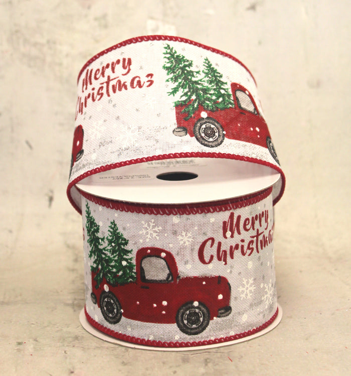 2.5" Red Farm Truck on White Christmas Ribbon