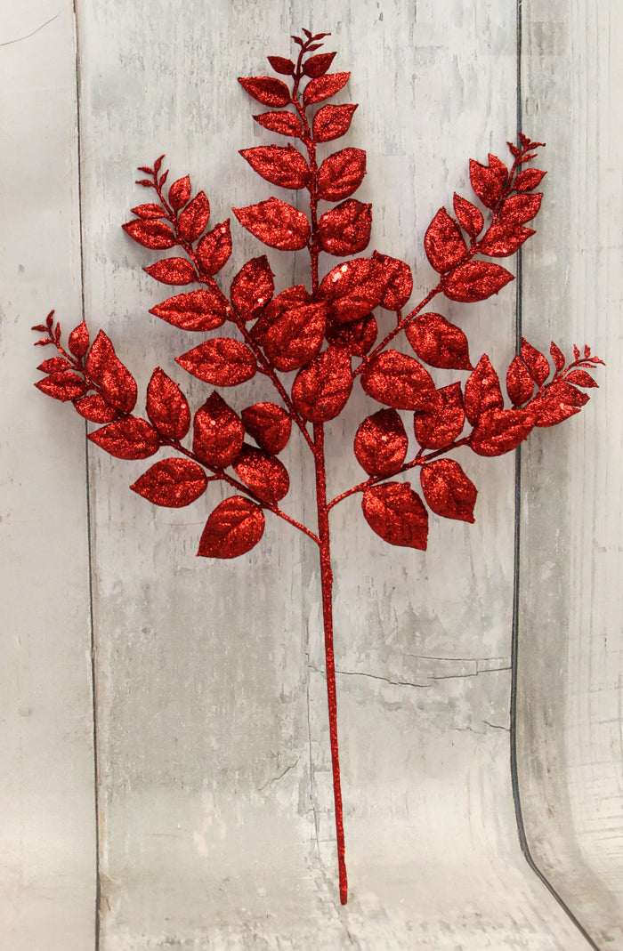 20" Red Glittered Fern Spray