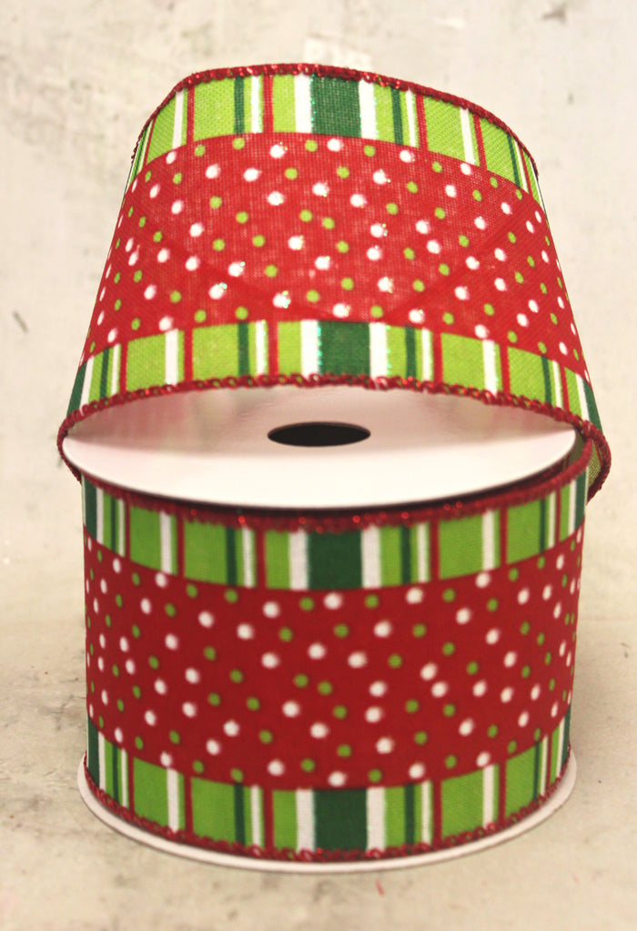 2.5" Red & Lime Green Stripes and Dots Christmas Ribbon