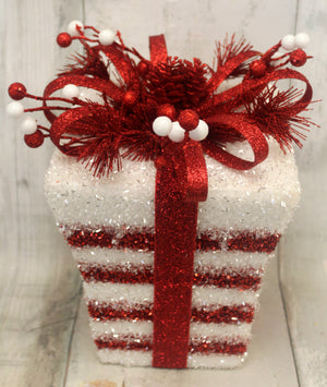 Red & White Striped Glitter Christmas Present-Christmas Decor-Ellis Home & Garden