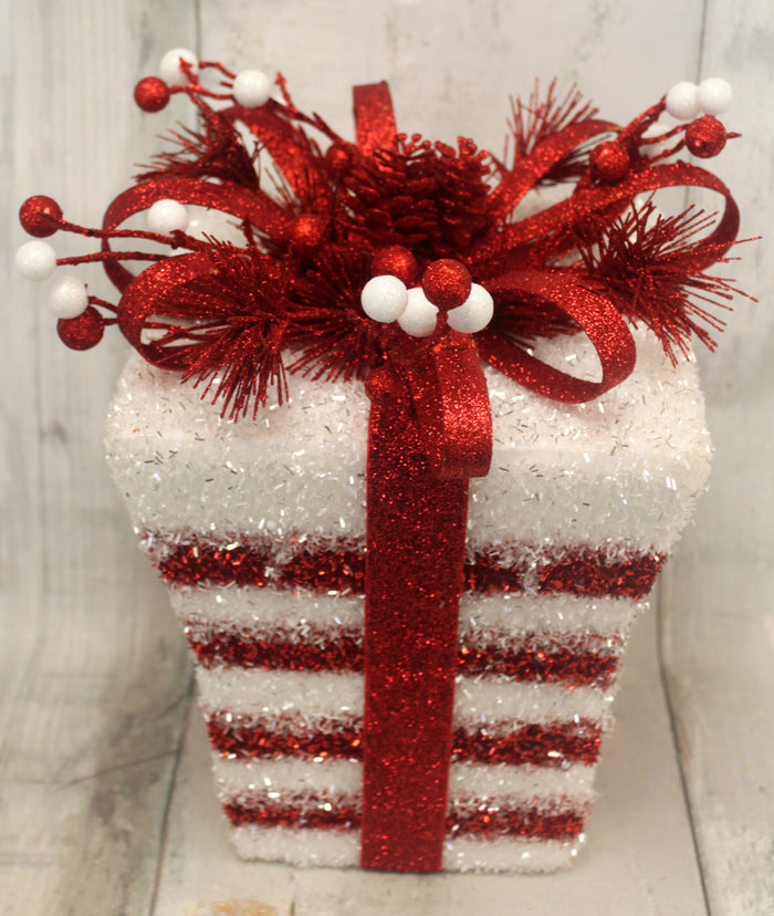 Red & White Striped Glitter Christmas Present