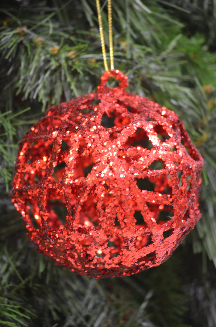6" Red Glitter Wrapped Ball Ornament