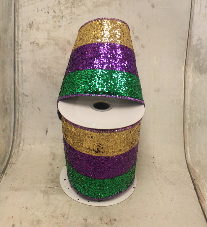 4" Mardi Gras Wide Glitter Stripes Ribbon