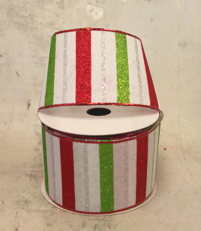 2.5" Red, White, & Lime Green Striped Christmas Ribbon