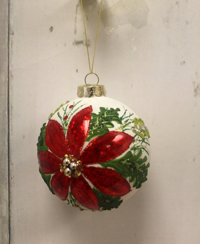 6" Poinsettia Glass Ball Ornament