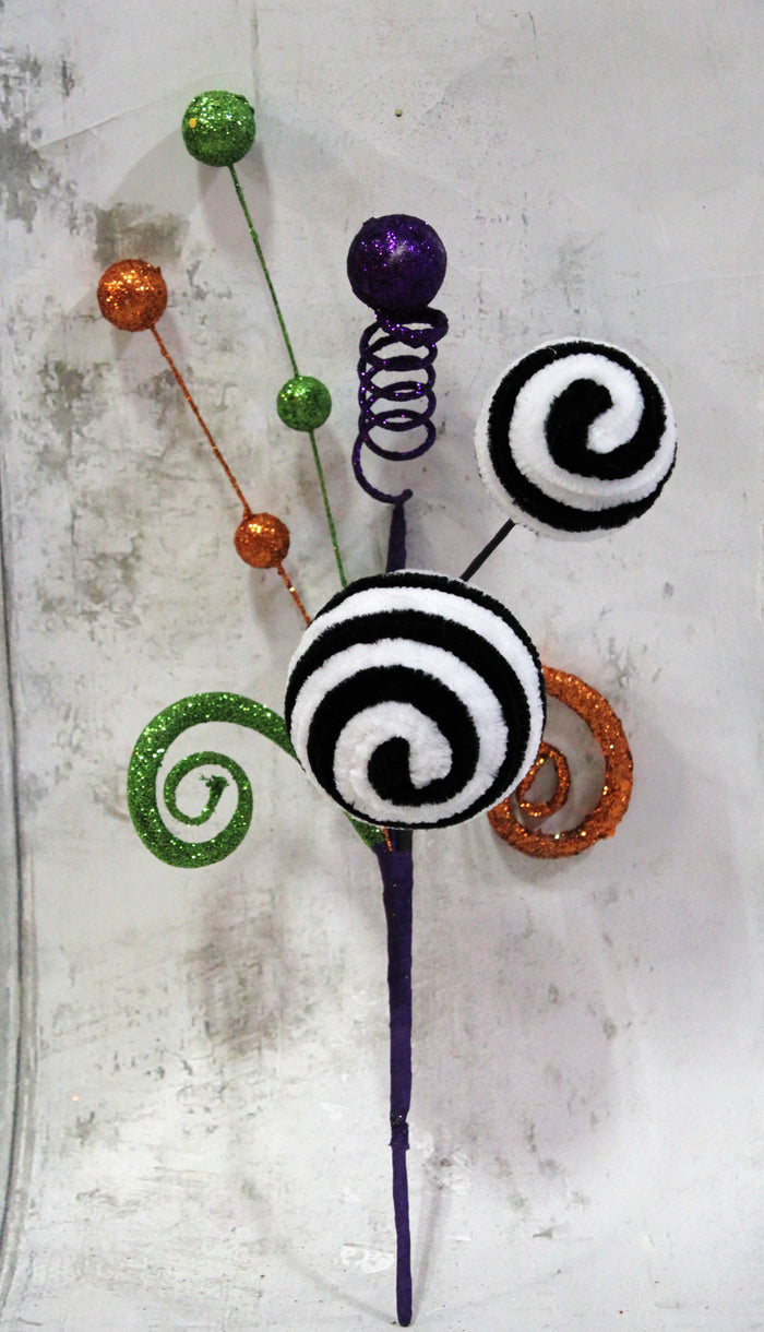 16" Black & White Velvet Spiral Ball Halloween Floral Pick