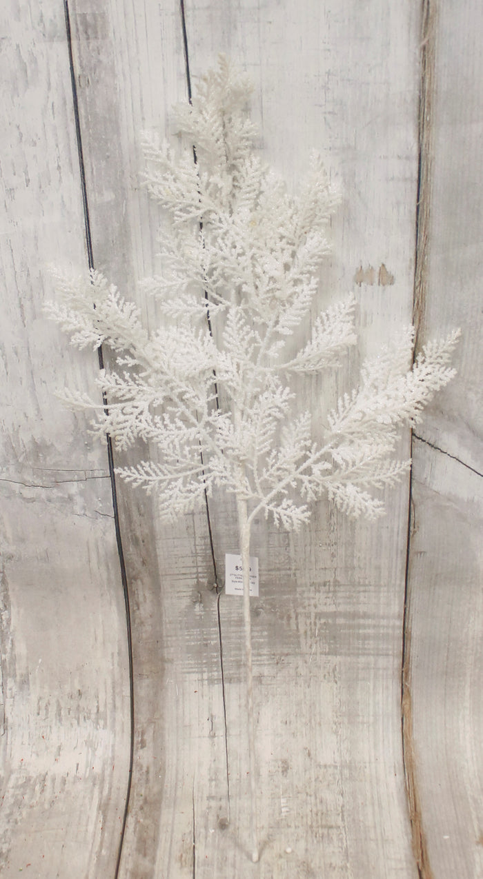 27" White Glitter Leather Leaf Fern Floral Spray