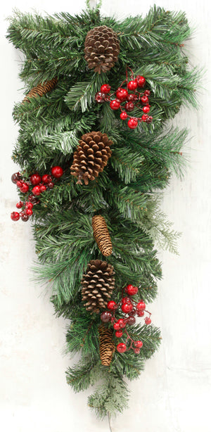 36" Red Berries & Pinecone Teardrop Swag