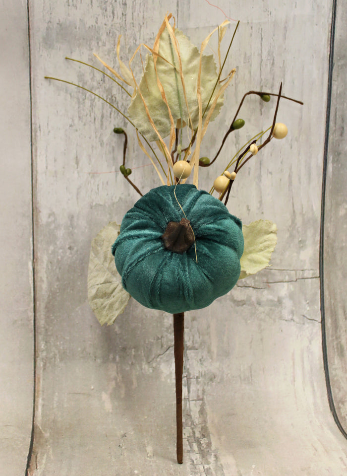 12" Velvet Teal Pumpkin Fall Harvest Floral Pick