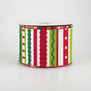 2.5" Red, Lime Green, & White Whimsy Stripes Ribbon