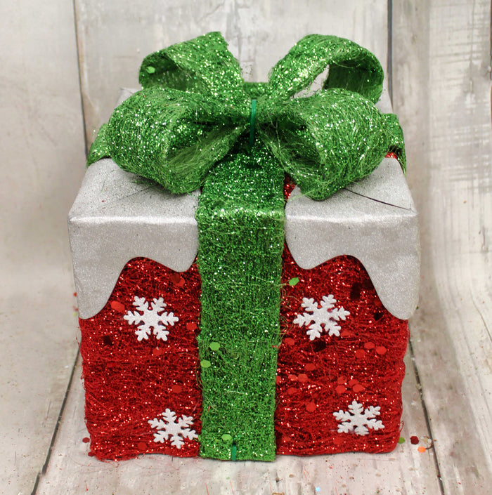 6" Red Sisal Christmas Present with Lime Green Bow