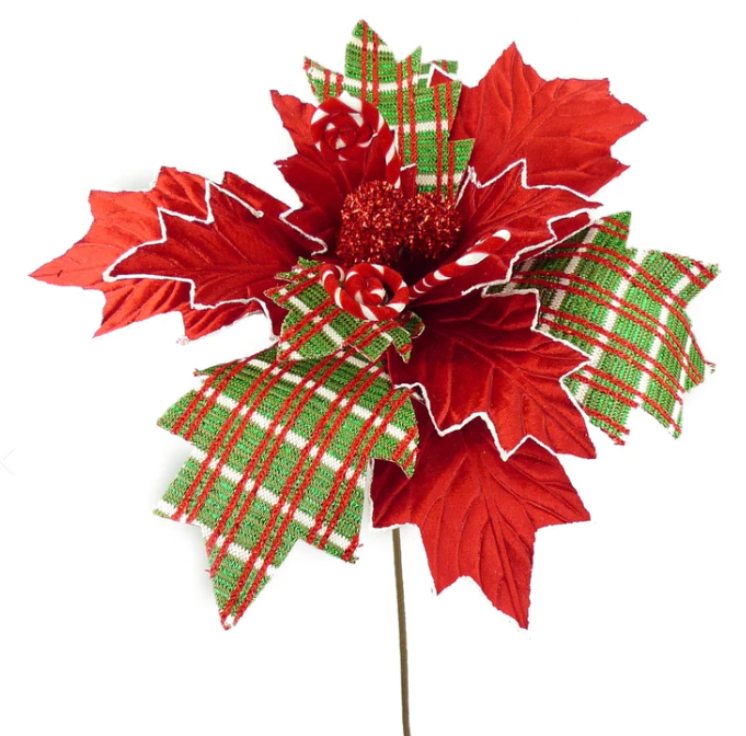 25" Whimsical Red & Plaid Fabric Poinsettia Stem