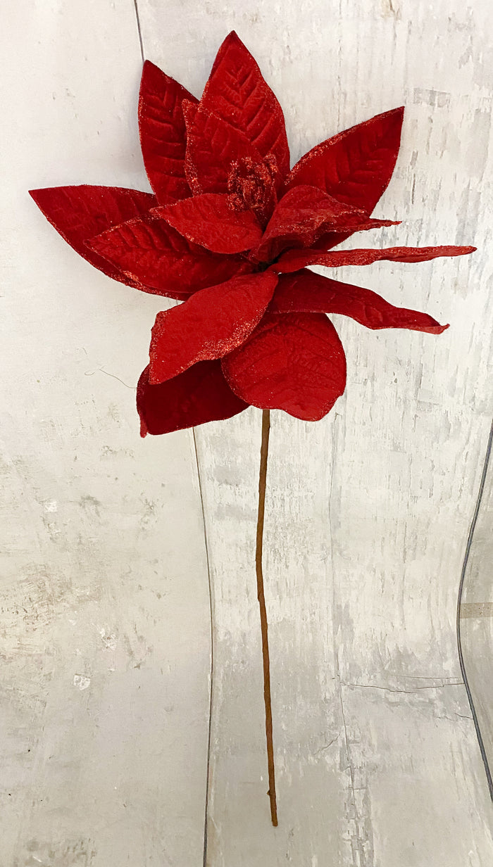 24" Red Velvet & Glitter Poinsettia Spray