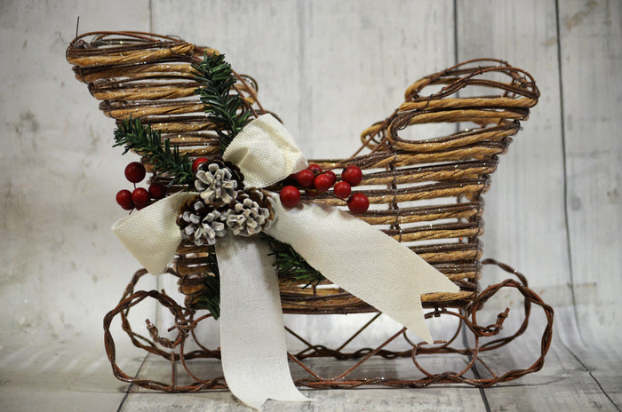 13.5" Rustic Rattan Red Berry Christmas Sleigh
