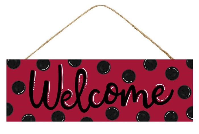 15" Red with Black Polka Dots Welcome Wood Sign