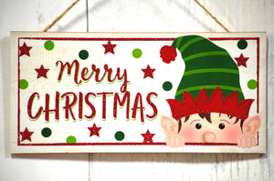 12.5" Merry Christmas Peeking Elf Wood Sign