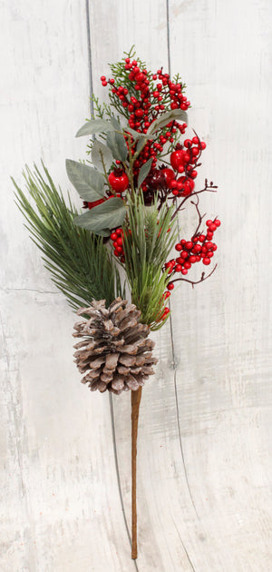 24" Red Berries & Pine Cone Christmas Floral Pick