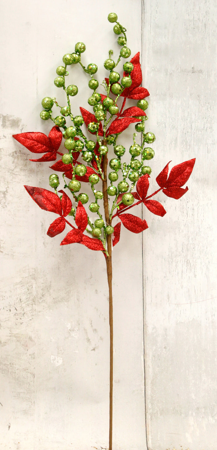 27" Glittered Lime Green Berries & Red Leaves Floral Spray