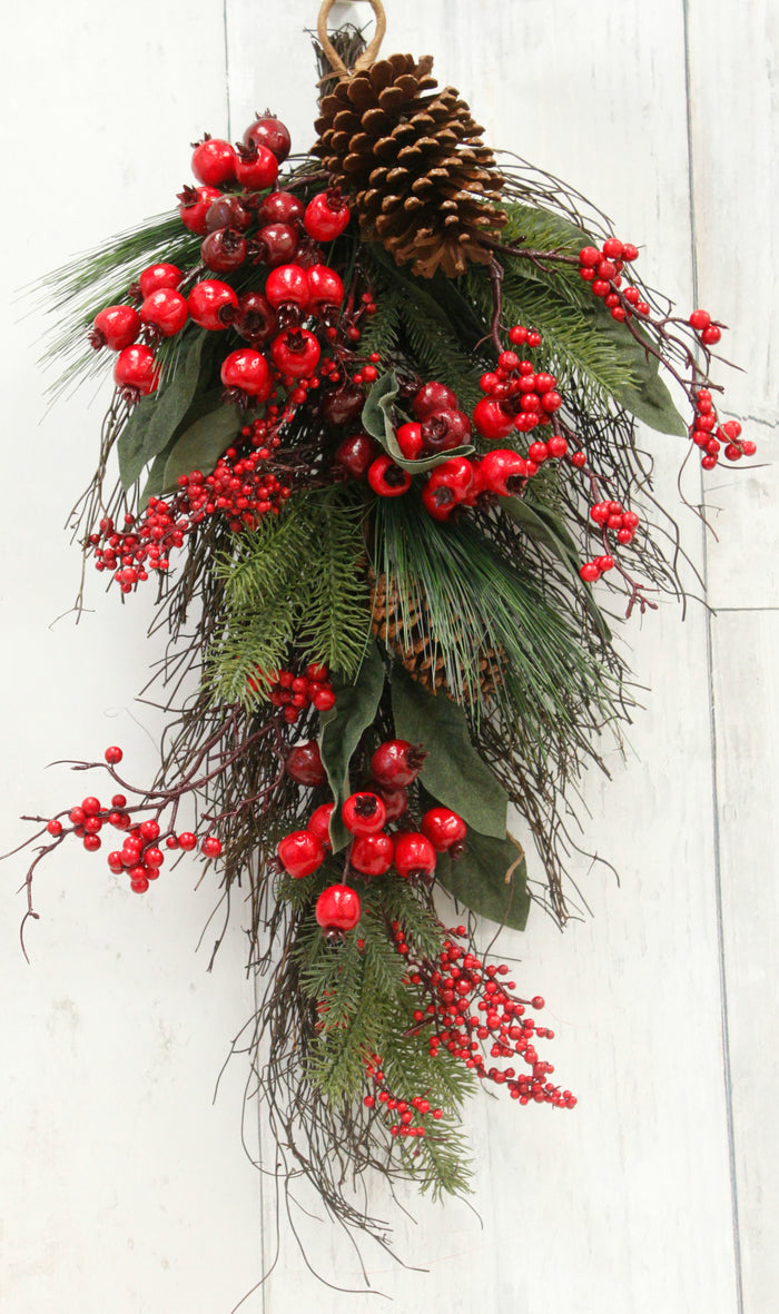 28" Red Berries & Pine Cones Christmas Teardrop