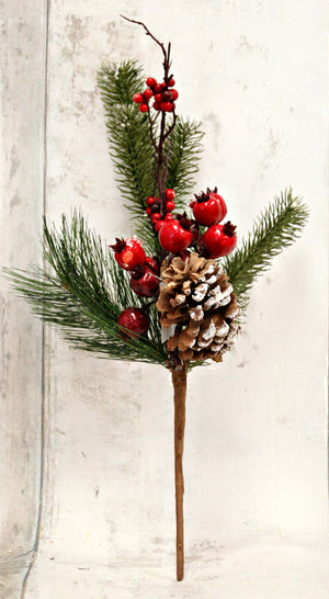18" Flocked Red Berries & Pine Cone Floral Pick-Christmas Floral-Ellis Home & Garden