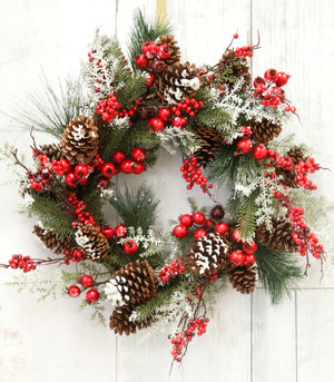 24" Mixed Red Berry & Pine Cones Christmas Wreath