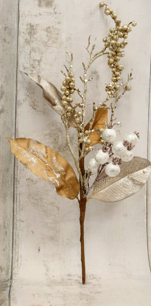18" White Berries & Gold Magnolia Leaves Floral Pick