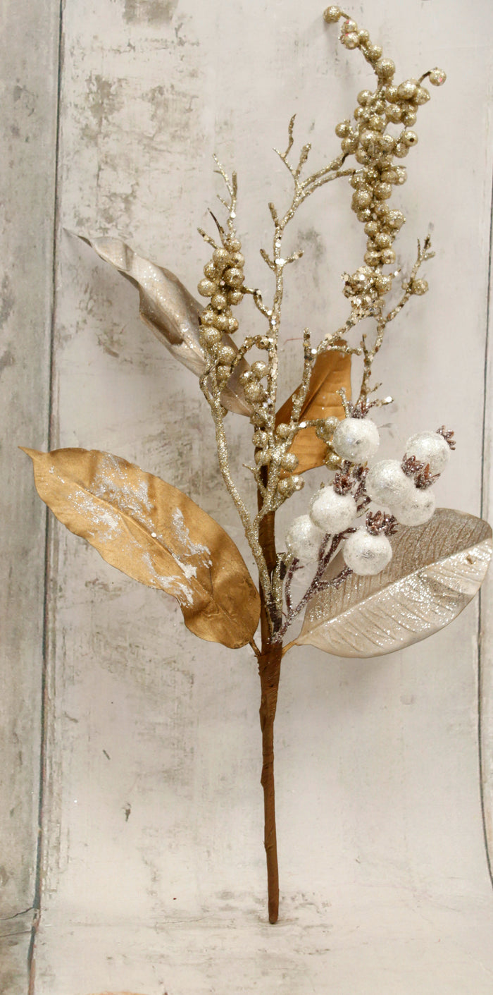 18" White Berries & Gold Magnolia Leaves Floral Pick