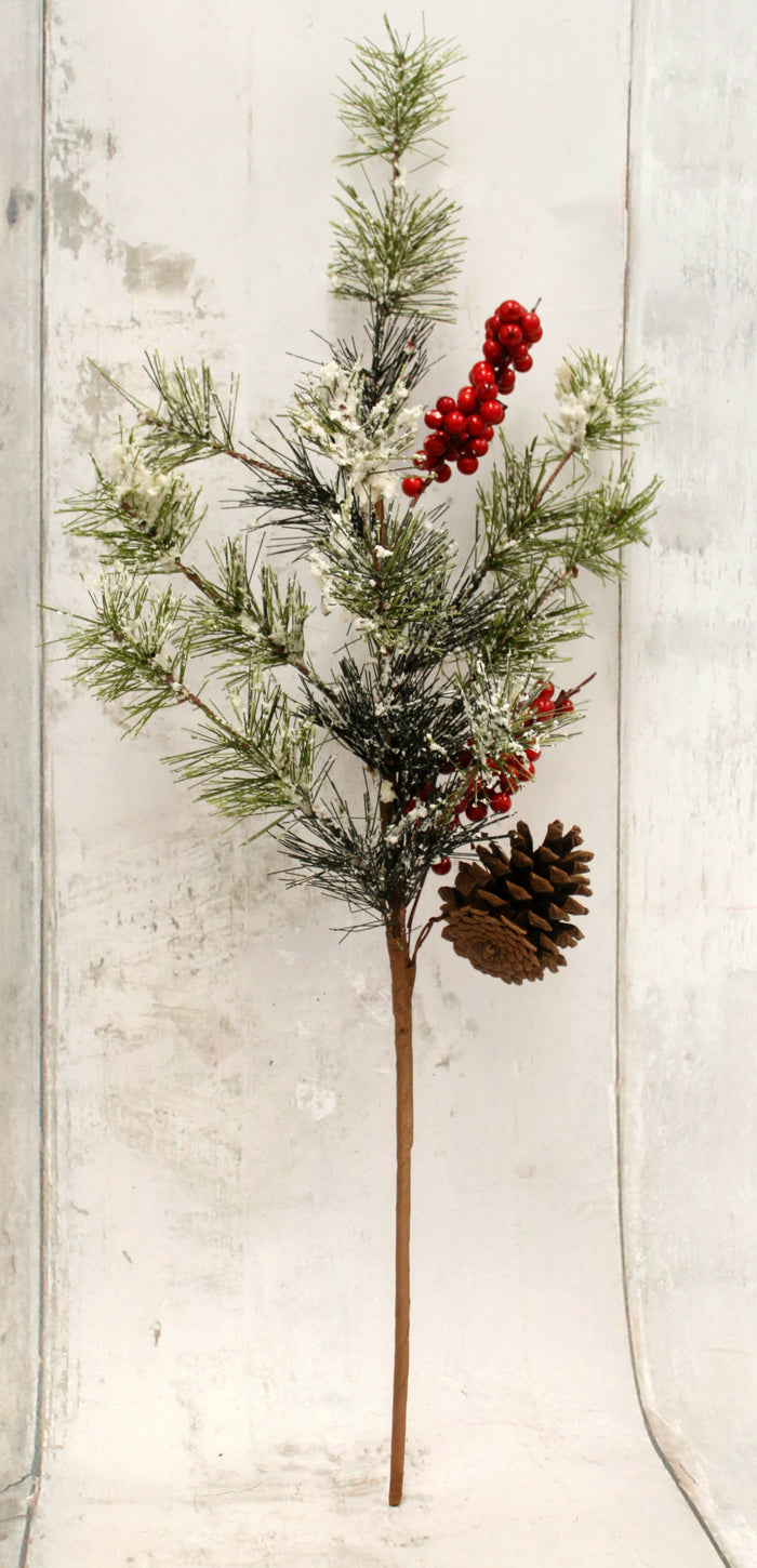 24" Christmas Pine Floral Pick with Red Berries & Pine Cones