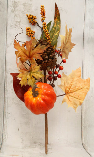 18" Pumpkin, Pine Cone & Leaves Fall Floral Pick-Fall Harvest Floral Stem-Ellis Home & Garden