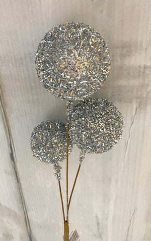 28" Silver Tinsel Ball Spray