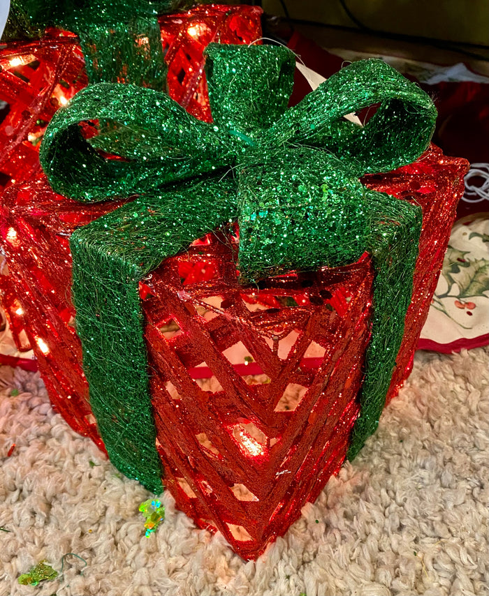 8" Red Glitter Rattan Lighted Christmas Present with Emerald Bow