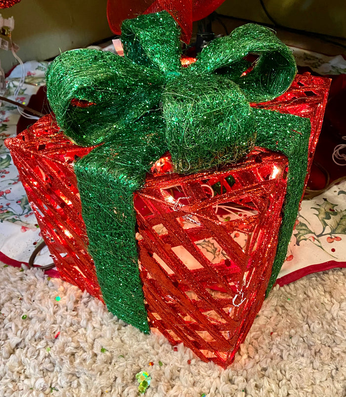 10" Red Glitter Rattan Lighted Christmas Present with Emerald Bow