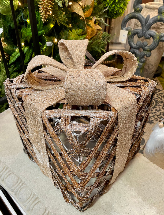 8" Rattan Lighted Christmas Present with Burlap Bow