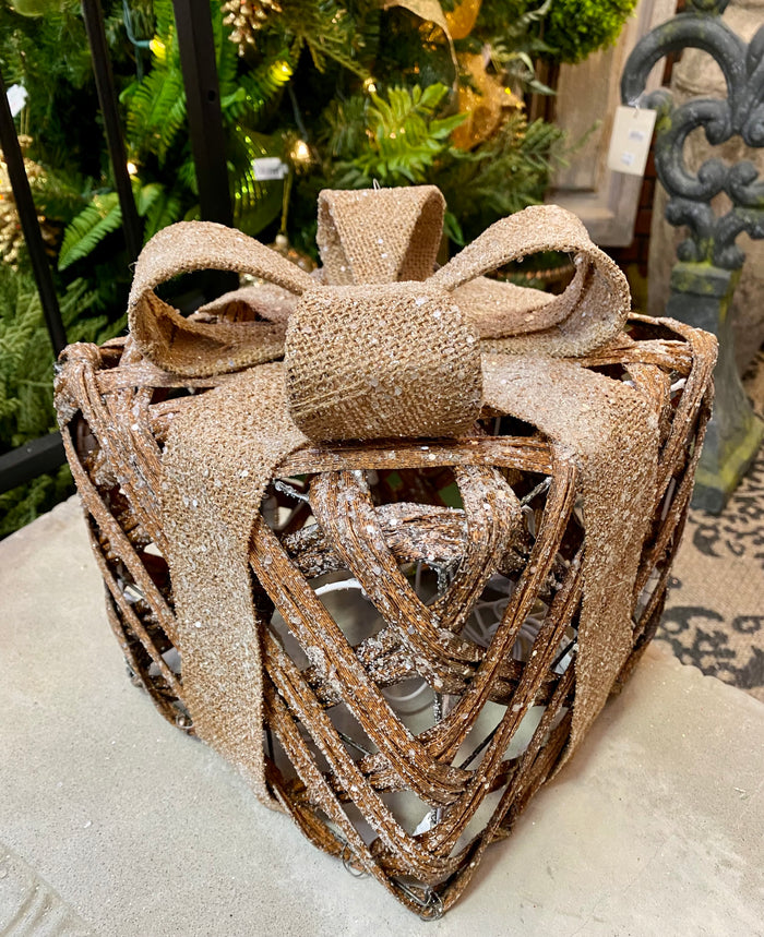 10" Rattan Lighted Christmas Present with Burlap Bow