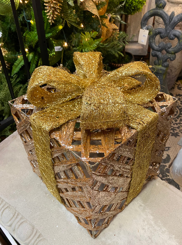 8" Rattan Lighted Christmas Present with Gold Bow