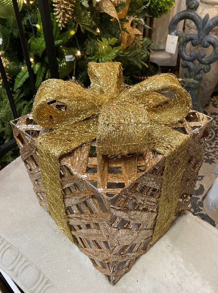 10" Rattan Lighted Christmas Present with Gold Bow