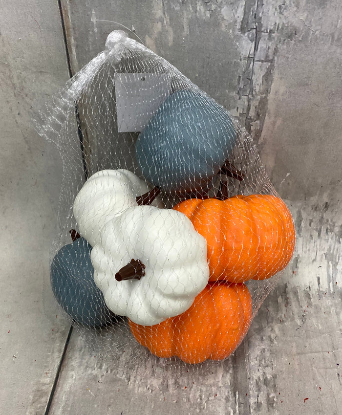 (6) 6"  Blue, White & Orange Pumpkins in Bag