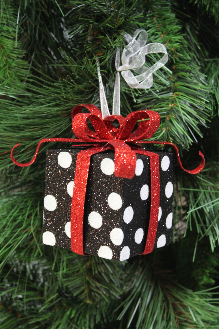 Black & White Polka Dot Gift Box Ornament