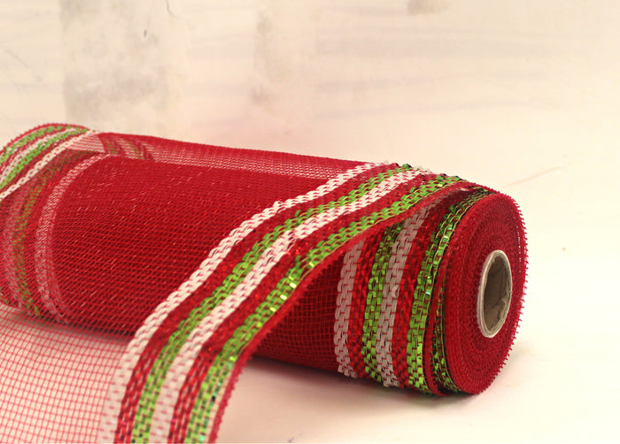 10" Christmas Red with Wide Striped Border Deco Mesh