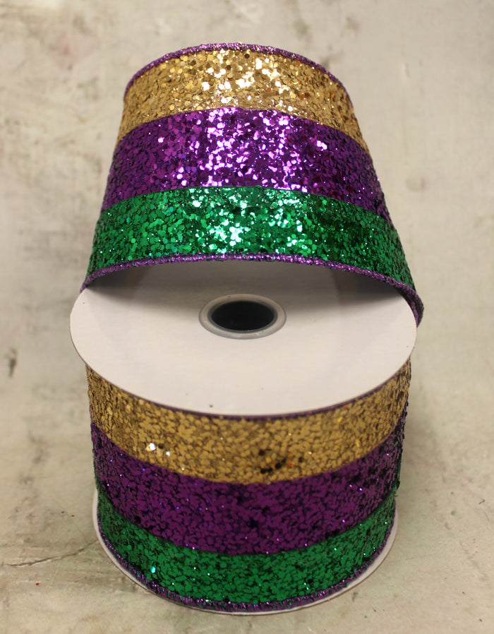 2.5" Mardi Gras Wide Glitter Stripes Ribbon