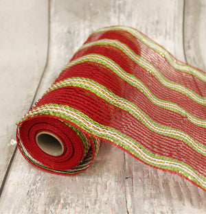 10" Red, Lime Green, Gold & White Striped Metallic Deco Mesh