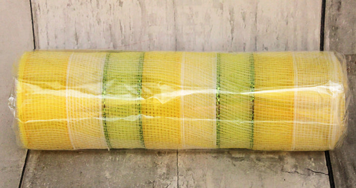 10" Yellow, Cream & Lime Green Stripes Deco Mesh