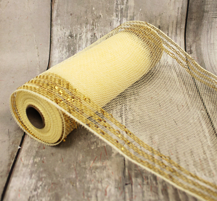 10" Cream Deco Mesh with Gold Stripes