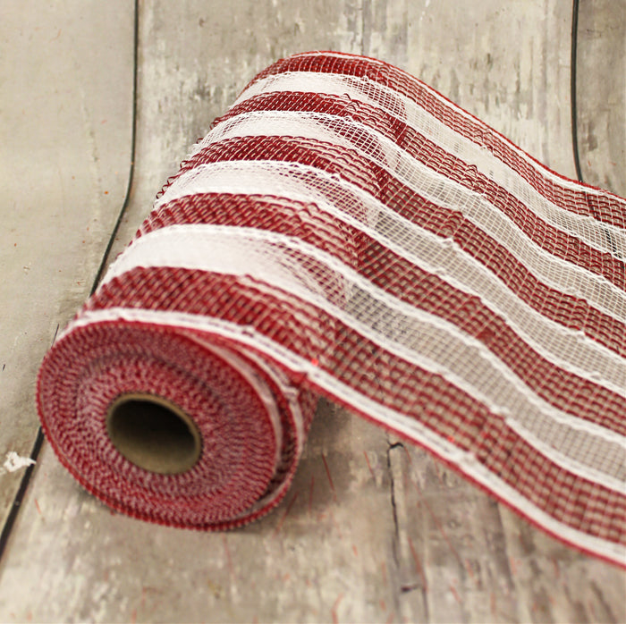 10" Red & White Striped Metallic Deco Mesh